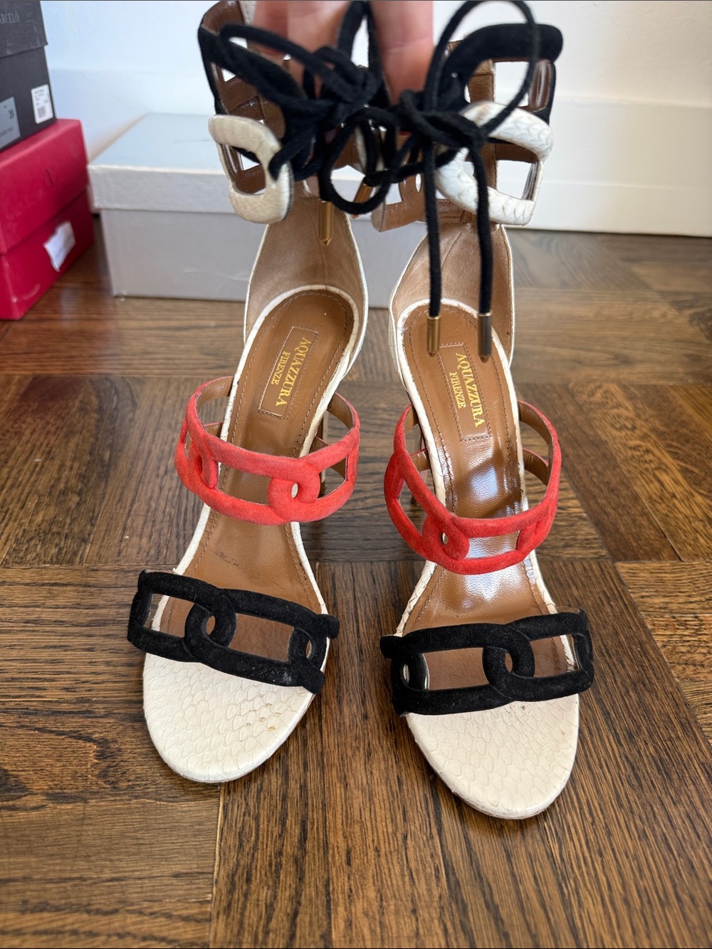Aquazzura Black, Red & Cream Lace-Up snakeskin Colorblock Heels 37
